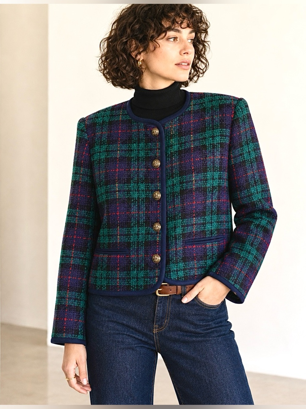 Vintage 90s Wool Blend Tartan Plaid Blazer Jacket Preppy Dark Academia M